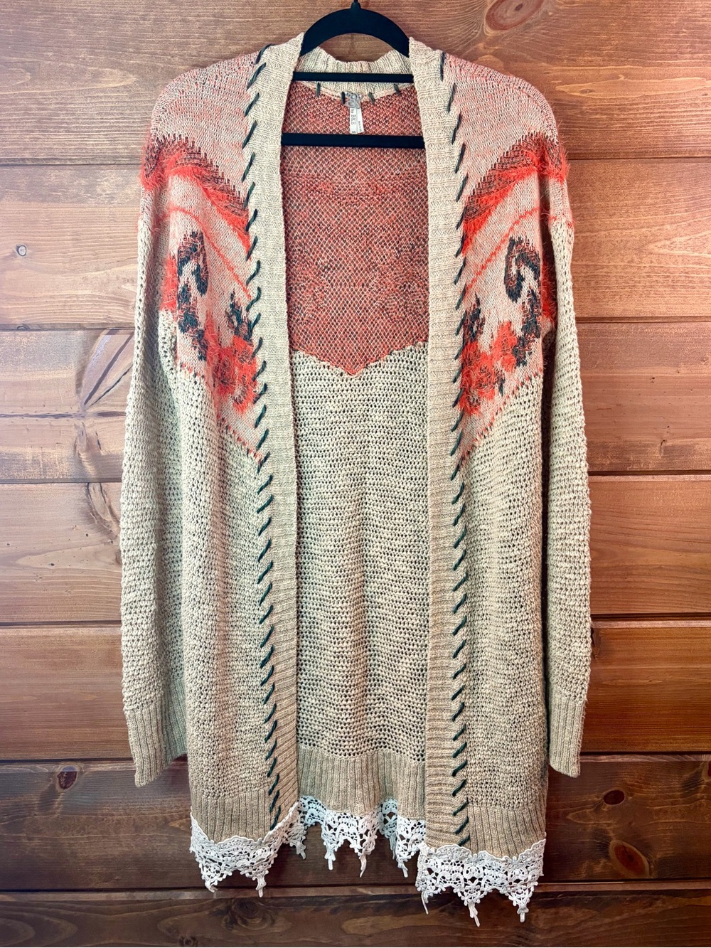 BKE Beige Fall Boho Cardigan with Orange and Olive Green Accents Size Medium 🧡